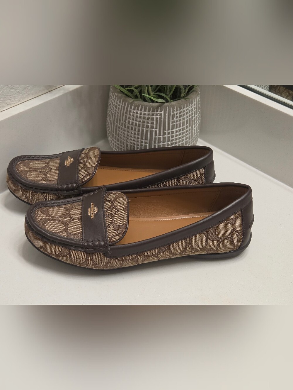 Coach Odette Signature Jacquard Loafers Brown Khaki Tan Size 8